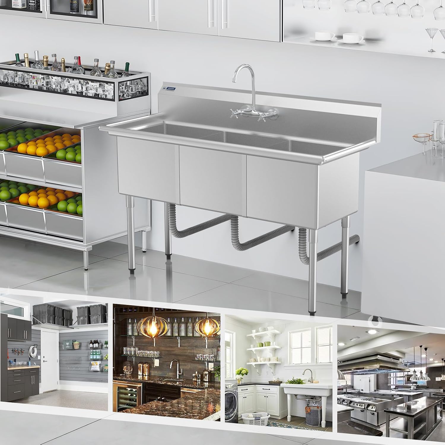 ROVSUN NSF Commercial 3 Bowl Kitchen Sink, 304 Stainless Steel, Free Standing Utility Sink for Kitchen, Laundry Room, Garage, Restaurant