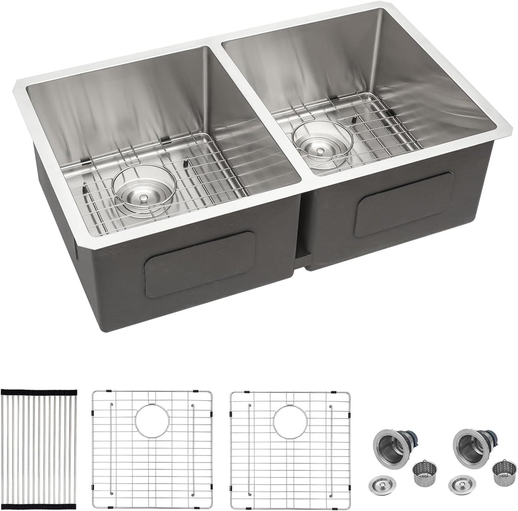 Mocoloo 33 Inch Kitchen Sink Double Bowl 16 Gauge 33 x 19 Stainless Steel Undermount Double Sink 50/50 Two Equal Compartment Under Counter Handmade, 10'' Deep Basin