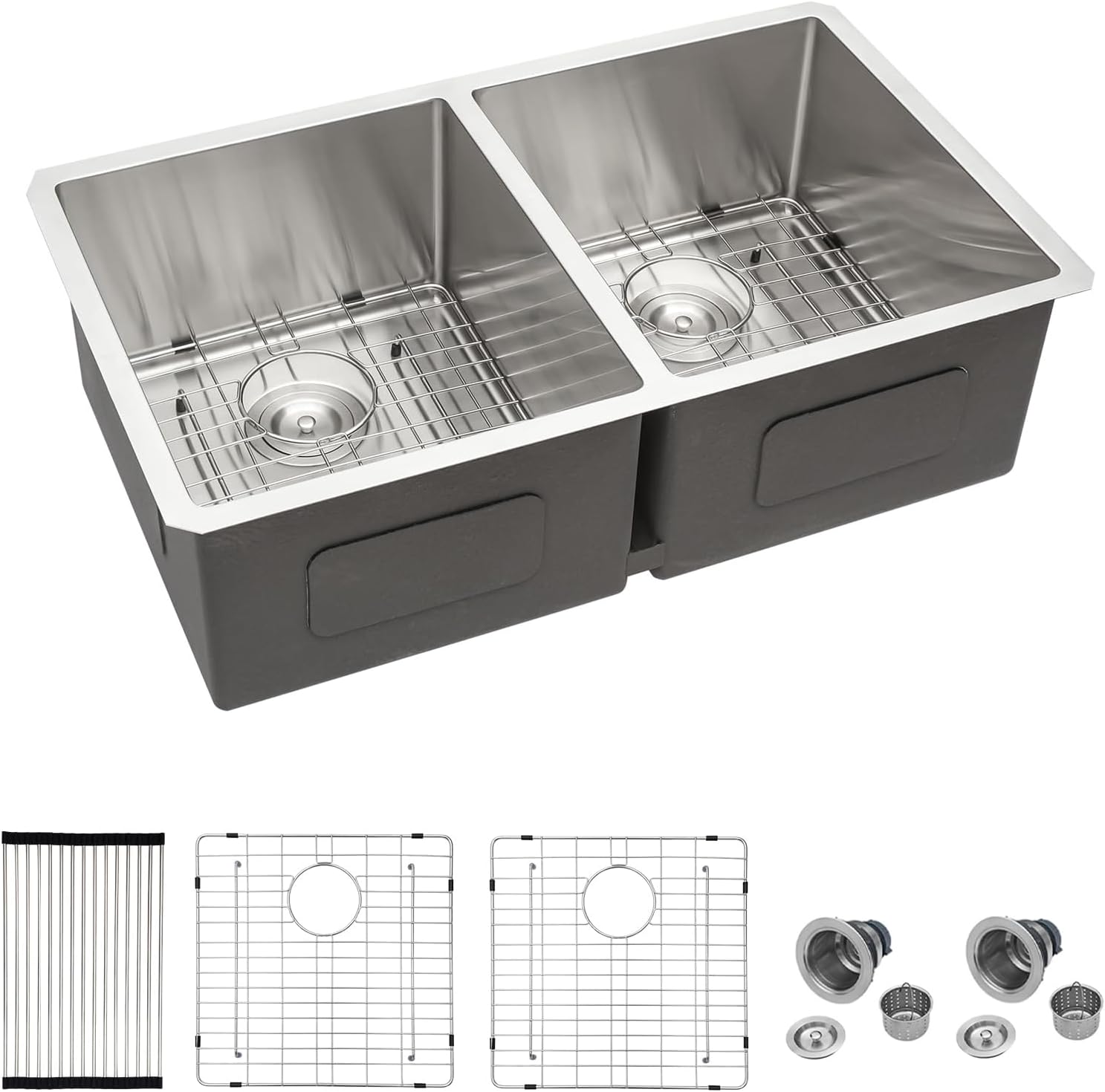 Mocoloo 33 Inch Kitchen Sink Double Bowl 16 Gauge 33 x 19 Stainless Steel Undermount Double Sink 50/50 Two Equal Compartment Under Counter Handmade, 10'' Deep Basin