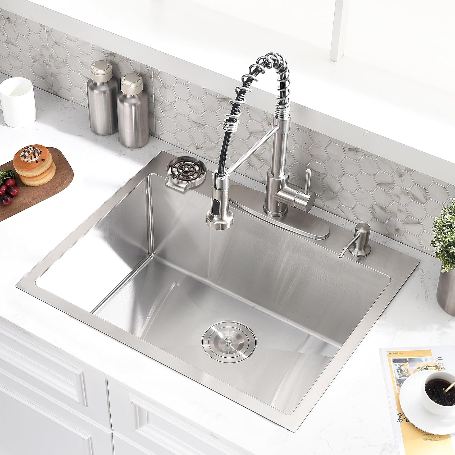 25 Inch Drop In Kitchen Sink with Faucet Combo - Stainless Steel Drop In Sink with Cup Washer, 9 Inch Deep Single Bowl Kitchen Sinks and Faucets Combo Set,Top Mount Design for Modern Kitchens
