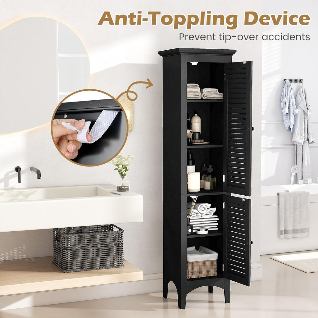 Tangkula 63' Tall Bathroom Storage Cabinet, Freestanding Narrow Linen Tower with Adjustable Shelf, Modern Slim Floor Cabinet with 2 Doors for Bathroom, Living Room, Kitchen (Black)