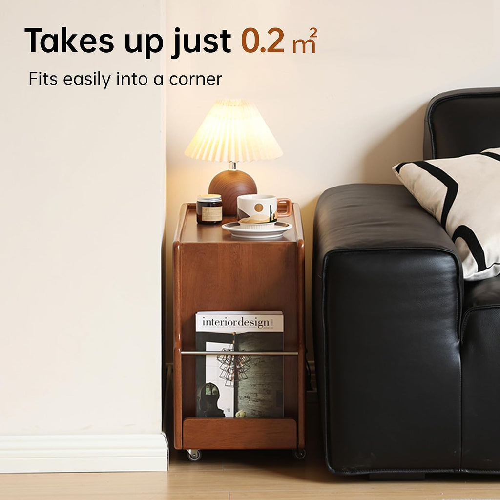 Solid Wood Side Table with Wheels, Narrow Side Table with Storage, Rolling Bedside Table for Bedroom Living Room Dining Room(Teak, 27.95' D x 11.42' W x 19.88' H)