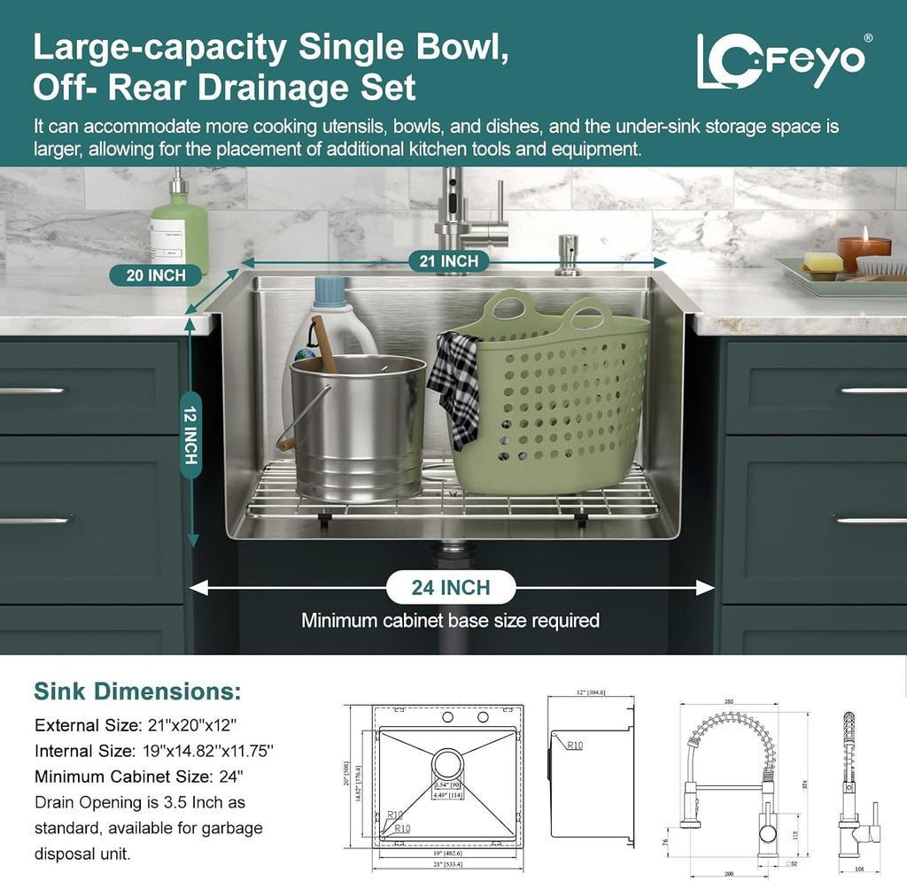 21x20 Inch Drop In Laundry Room Sink 12' Deep Kitchen Sink with Workstation Faucet Combo 304 Stainless Steel Single Bowl #LOF-L-DOE00127