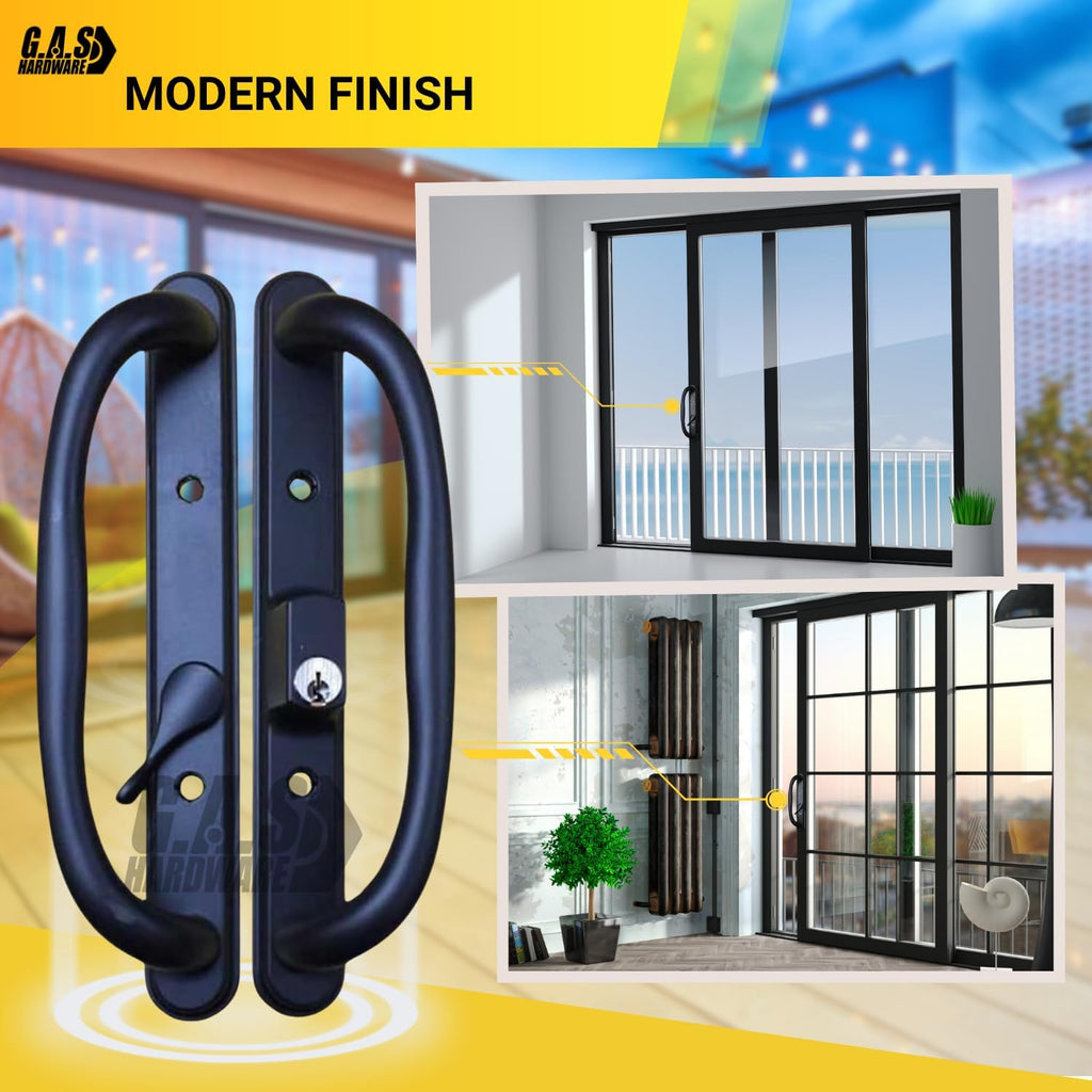 10' Olympus Sliding Patio Glass Door Black Offset Pull Handle Set Replacement with Keys fits 3 ¹⁵/₁₆ inches Hole Spacing, and 1-1/4' to 2-1/4' Door Thickness