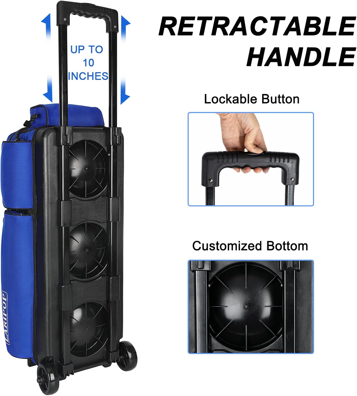 LARIPOP 3 Ball Bowling Bag with Wheels and Shoe Compartment, Rolling Bowling Bag for 3 Balls, Heavy Duty Bowling Roller Bag with Retractable Handle for Men Women