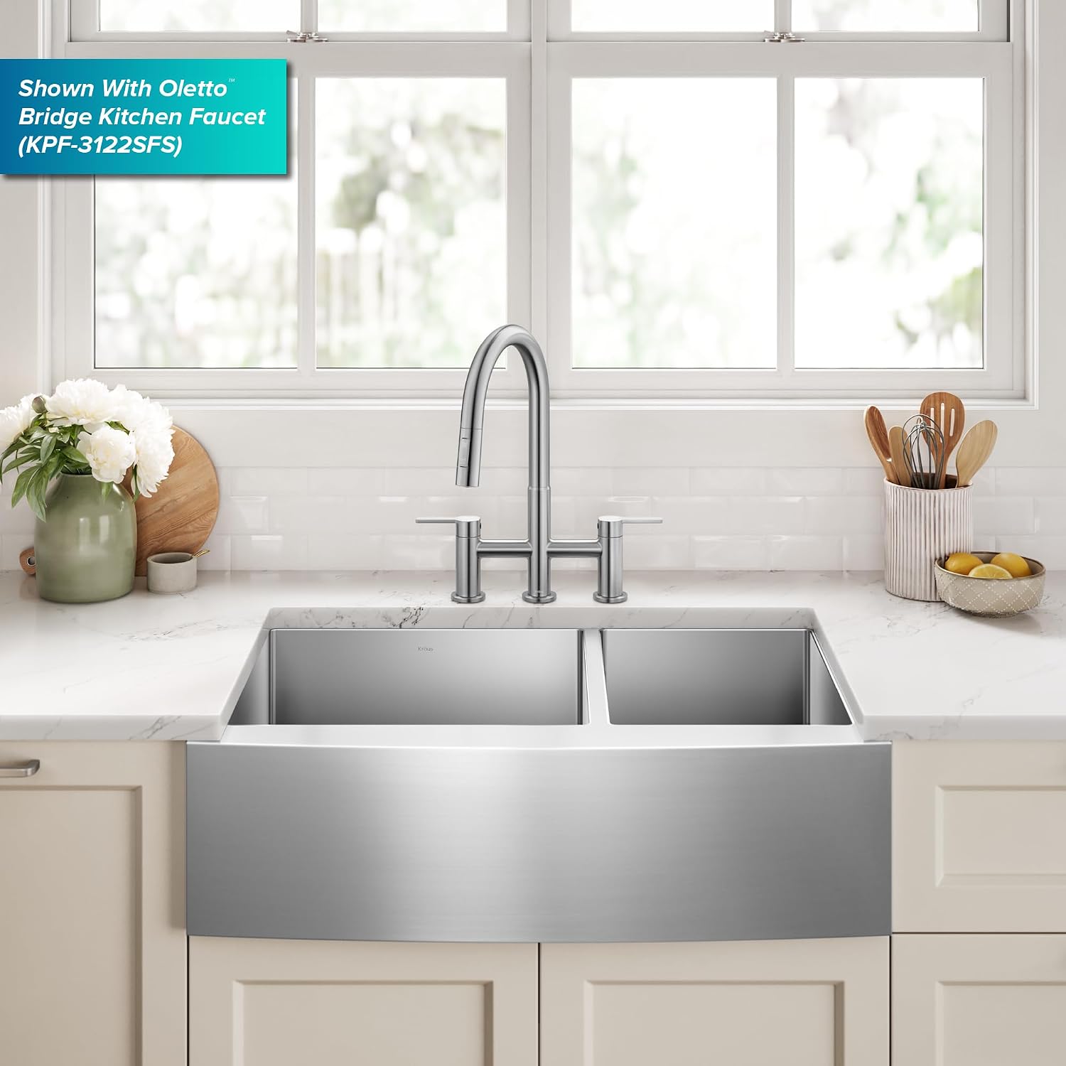 KRAUS Standart Pro 33-Inch Apron Front Farmhouse 16-Gauge 60/40 Double Bowl Stainless Steel Kitchen Sink, KHF203-33