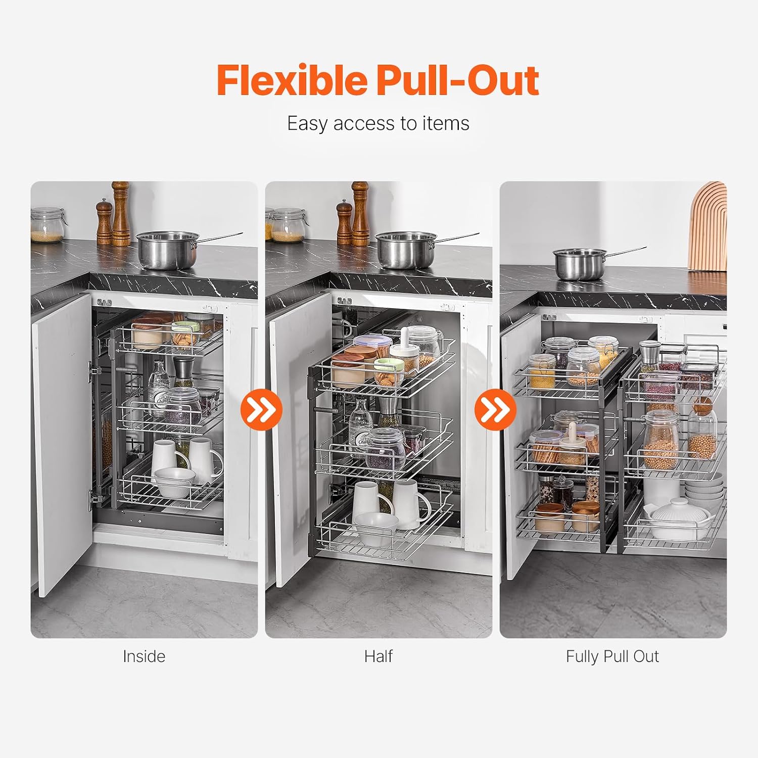 VEVOR 3 Tier 6 Shelf Chrome Carbon Steel Kitchen Cabinet Organizer, Slide Out Storage, Space Saving, Silver, For 15' Width, Food, Jars, Cans, Cookware, Pans, Mugs