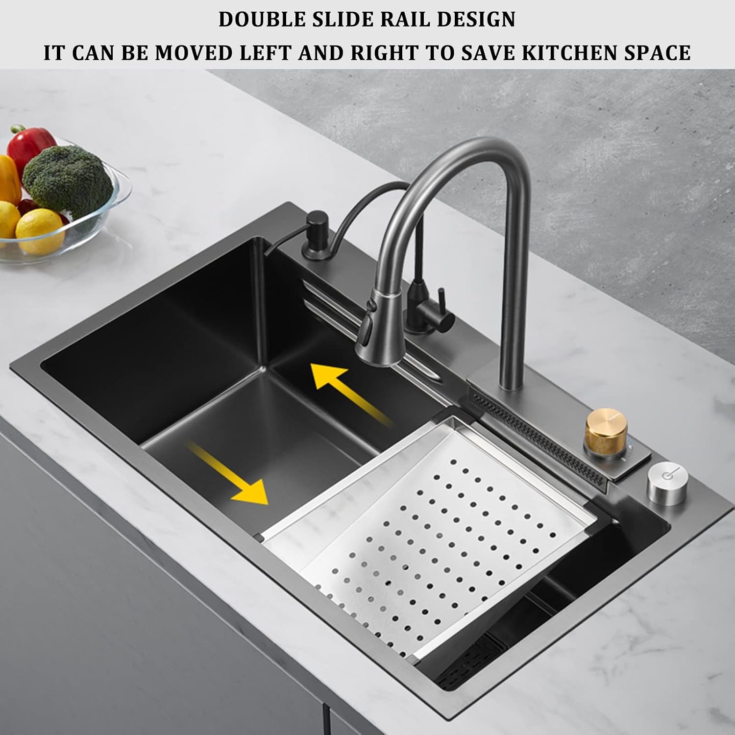 304 Stainless Steel Bar Sink Set Single Bowl Kitchen Sink Household Multi Function RV Sink with Faucet and Drain Assembly Drop in Or Under Mount (Color : Black, Size : 68x45x22cm)