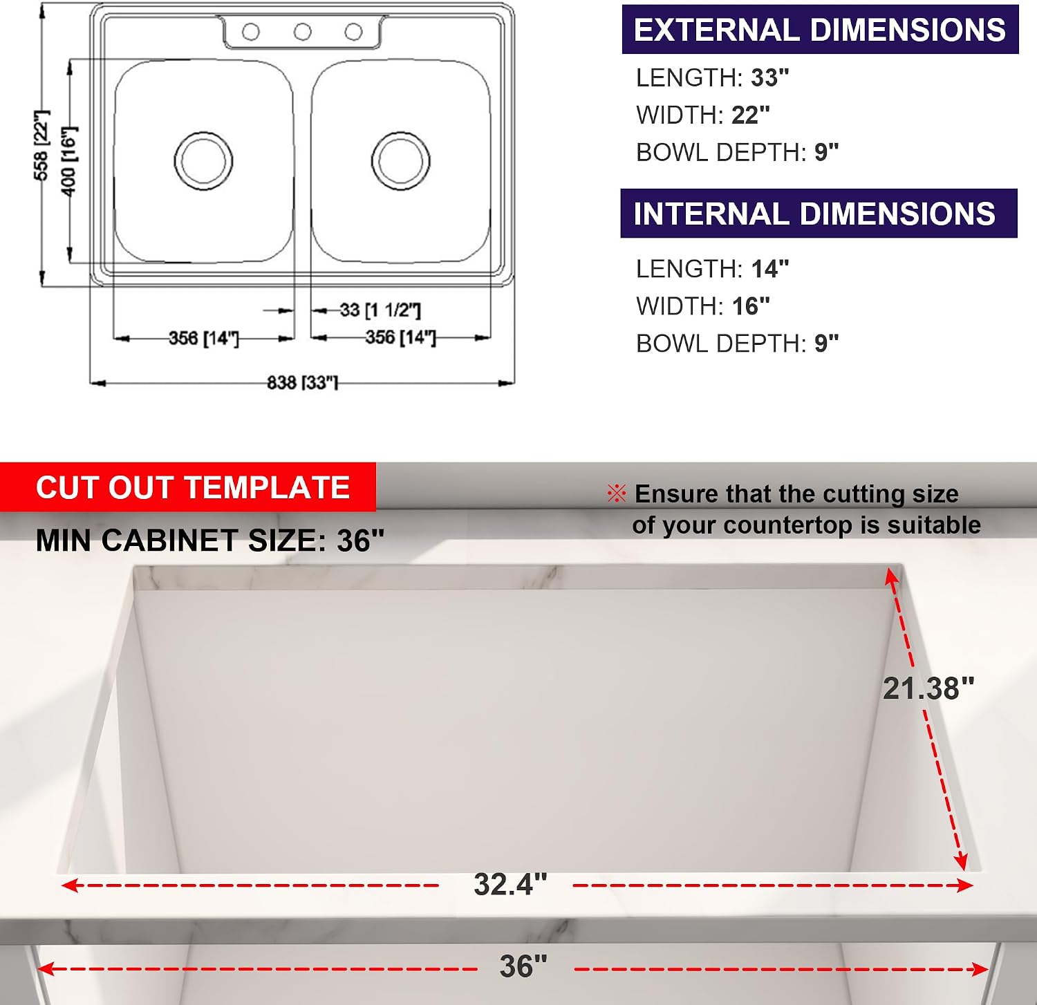 33x22 Double Bowl Drop In Kitchen Sink 33 Inch Topmount 304 Stainless Steel 18 Gauge Curved Shape Round Corner 50/50 Sinks with Basket Strainer 33' x 22' x 9'
