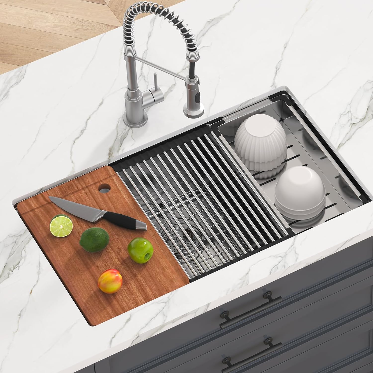 VEVOR 32 inch Kitchen Single Sink, 304 Stainless Steel Undermount Sink Drop-In Single Bowl Farmhouse Basin with Ledge & Multiple Accessories, Household Dishwasher Sinks for Prep Kitchen, Bar 32'*19'