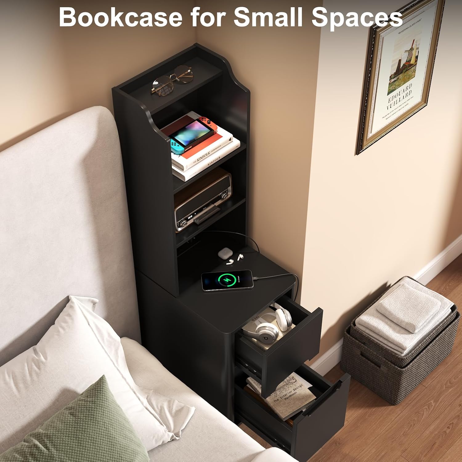 Tall Nightstand with Charging Station, Narrow Side Table with Bookshelf, 47' Tall Free Standing Wooden Night Stand with 2 Drawers and 4 Open-Shelves, Modern End Bedside Table for Bedroom, Black