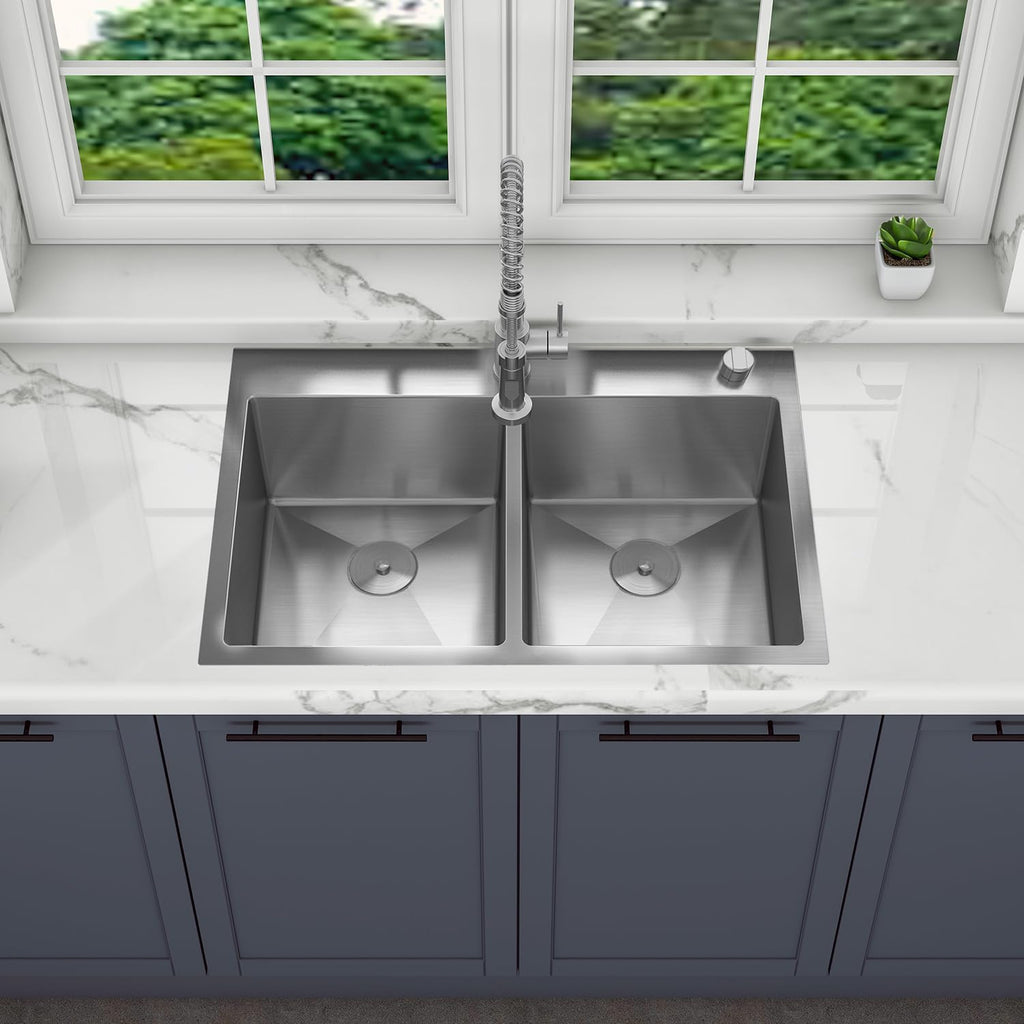 Sinber HT3322D-9-S 33' x 22' x 9' Drop In Double Bowl Kitchen Sink with 18 Gauge 304 Stainless Steel Satin Finish (Sink Only)