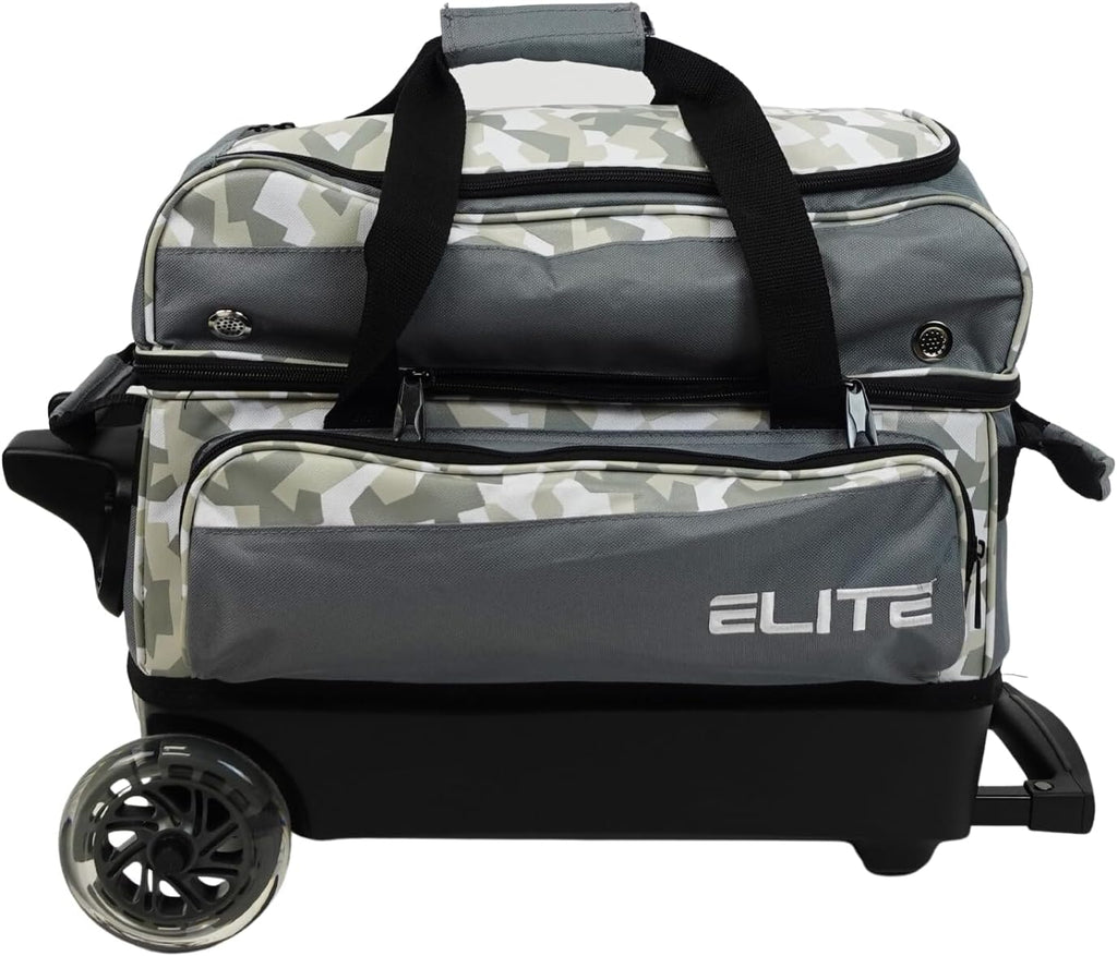 ELITE Deluxe 2 Ball Bowling Bag with 5' Smooth Wheels - Large Accessory Pocket, Shoe Compartment, 36' Extendable Handle