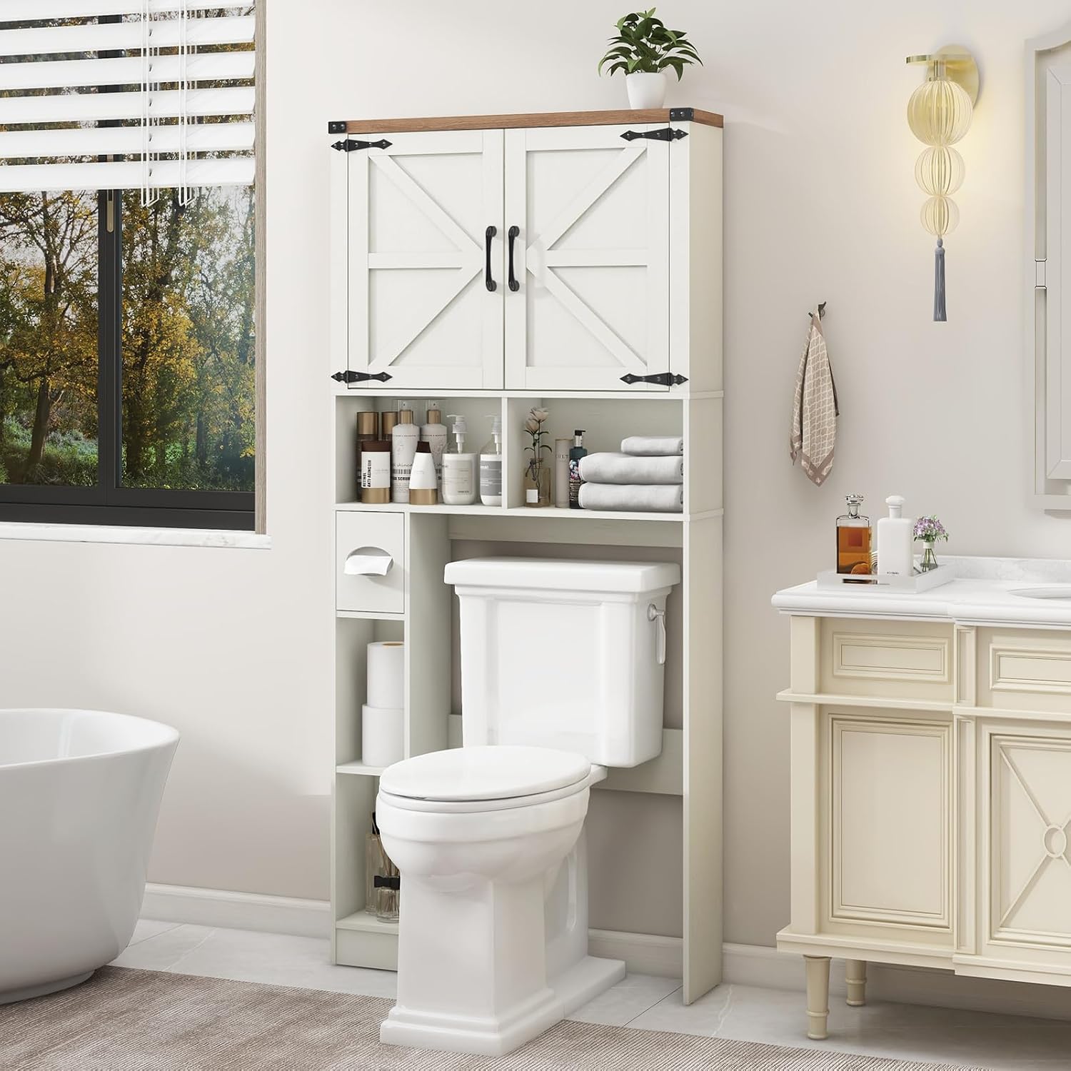 Vabches Over The Toilet Storage Cabinet, Farmhouse Storage Cabinet Over Toilet with 2 Barn Doors && Toilet Paper Holder Stand，Home Space-Saving Toilet Rack, for Laundry, Restroom, Bathroom