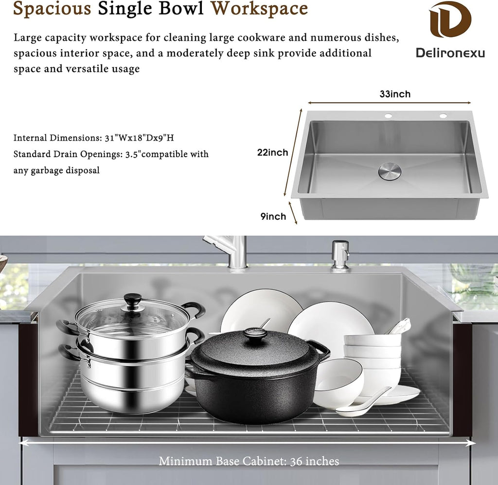 33x22 Drop In Kitchen Sink - Delironexu 16 Gauge Top Mount Stainless Steel Kitchen Sink, 33 Inch Deep Single Bowl kitchen Sinks with 3-Piece Accessories
