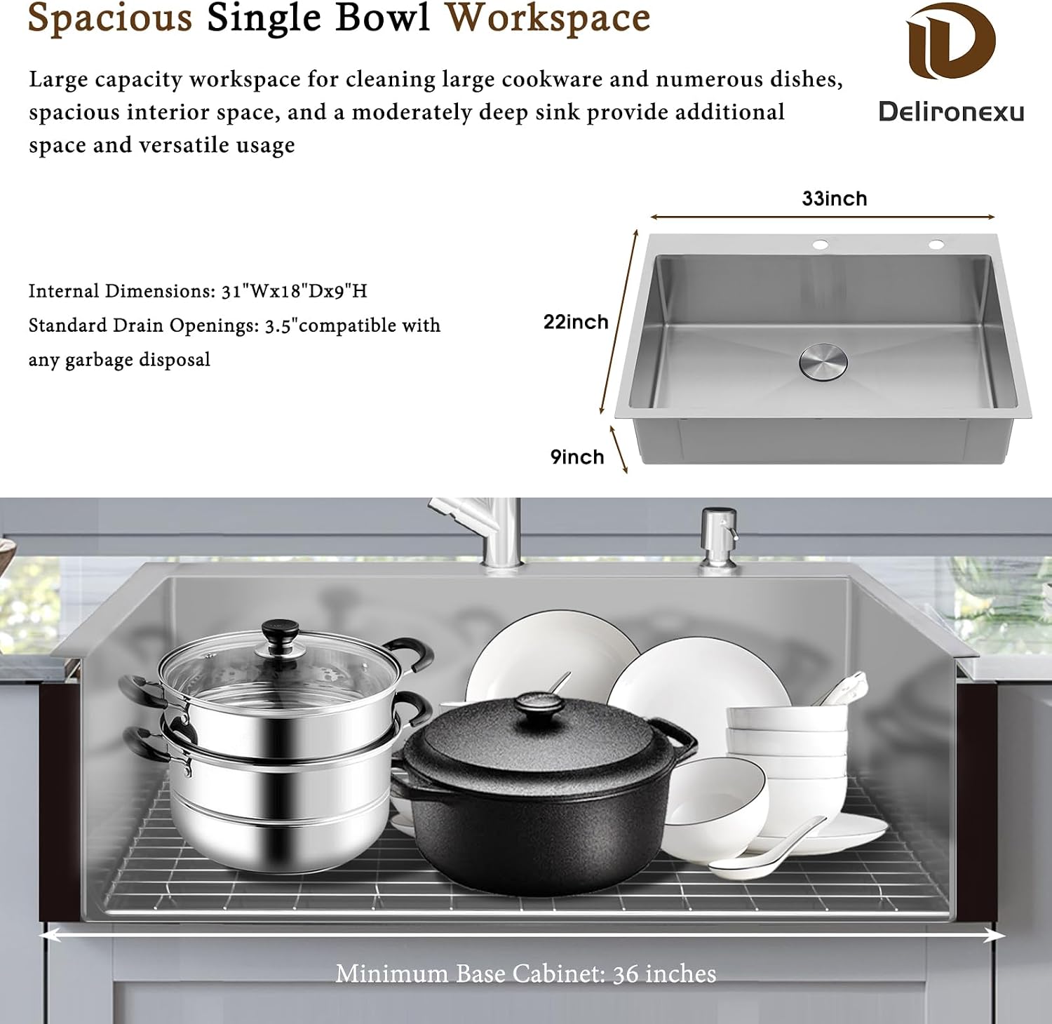 33x22 Drop In Kitchen Sink - Delironexu 16 Gauge Top Mount Stainless Steel Kitchen Sink, 33 Inch Deep Single Bowl kitchen Sinks with 3-Piece Accessories