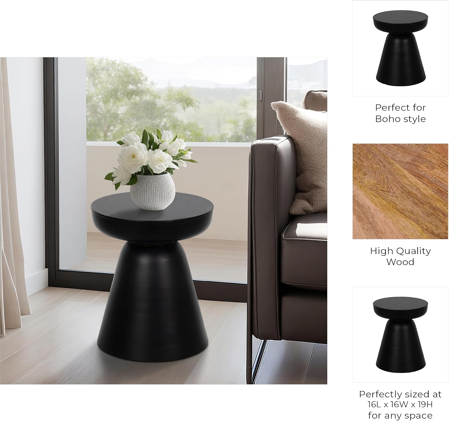 Sagebrook Home Boho Accent Table - Modern Wooden Side Table for Living Room, Bedroom & Office - Stylish Minimalist End Table for Home Decor - 19' Black