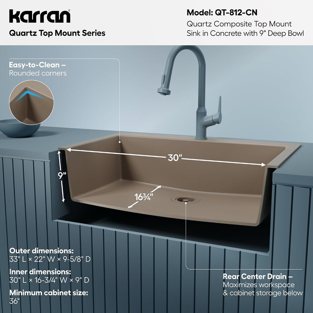 Karran 33' Drop-In Top Mount Quartz Composite Single Bowl Kitchen Sink in Concrete – Extra Deep 9' Basin, Heat Resistant, Sound Dampening, Easy Clean Surface