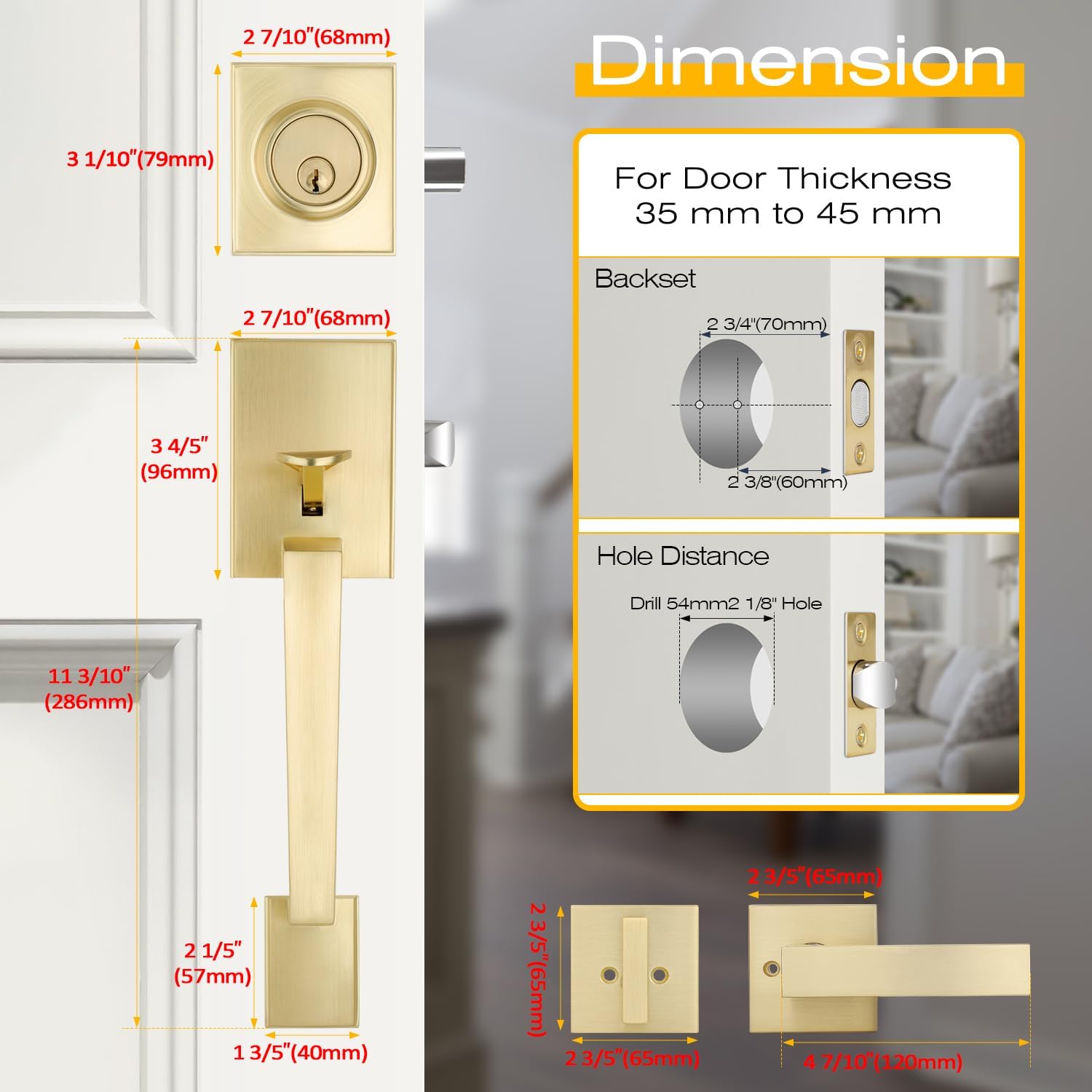 EHOMEWARE Brass Double Front Door Handle Set, Gold Heavy Duty Square Door Lever and Single Cylinder Deadbolt Combo for Side by Side Entrance Exterior Doors, Satin Brass Finish