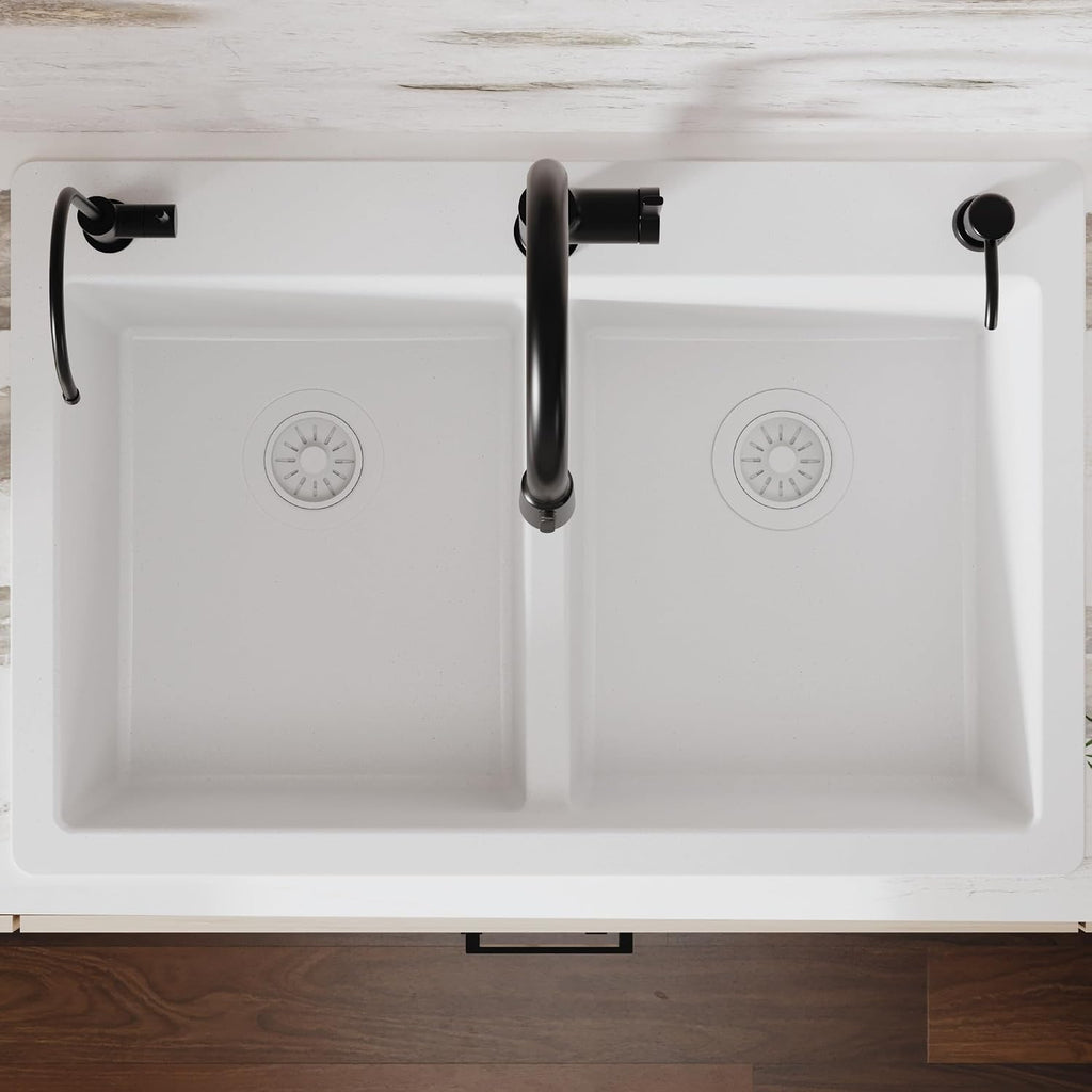 Karran 33 Inch White Quartz Composite Double Bowl Kitchen Sink, Top Mount Drop-In 50/50 Low Divider, Heat & Impact Resistant Granite Quartz Sink with Sound Dampening, QT-810
