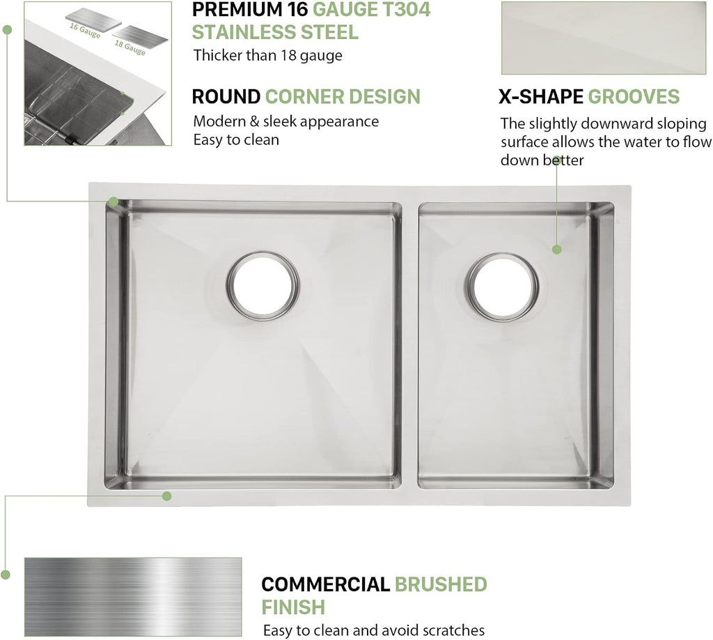 33 Undermount Double Bowl Kitchen Sink - Beslend 33x19x10 Inch Double Sink Stainless Steel Undermount Sinks 16 Gauge 60/40 Double Bowl Sinks