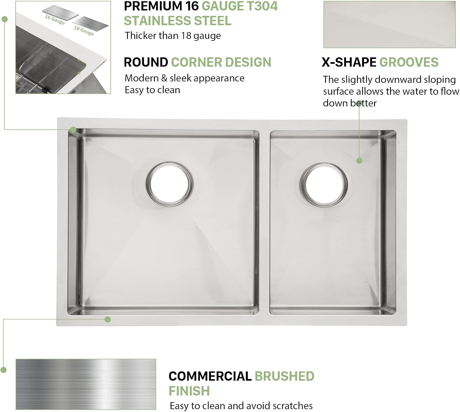 33 Undermount Double Bowl Kitchen Sink - Beslend 33x19x10 Inch Double Sink Stainless Steel Undermount Sinks 16 Gauge 60/40 Double Bowl Sinks