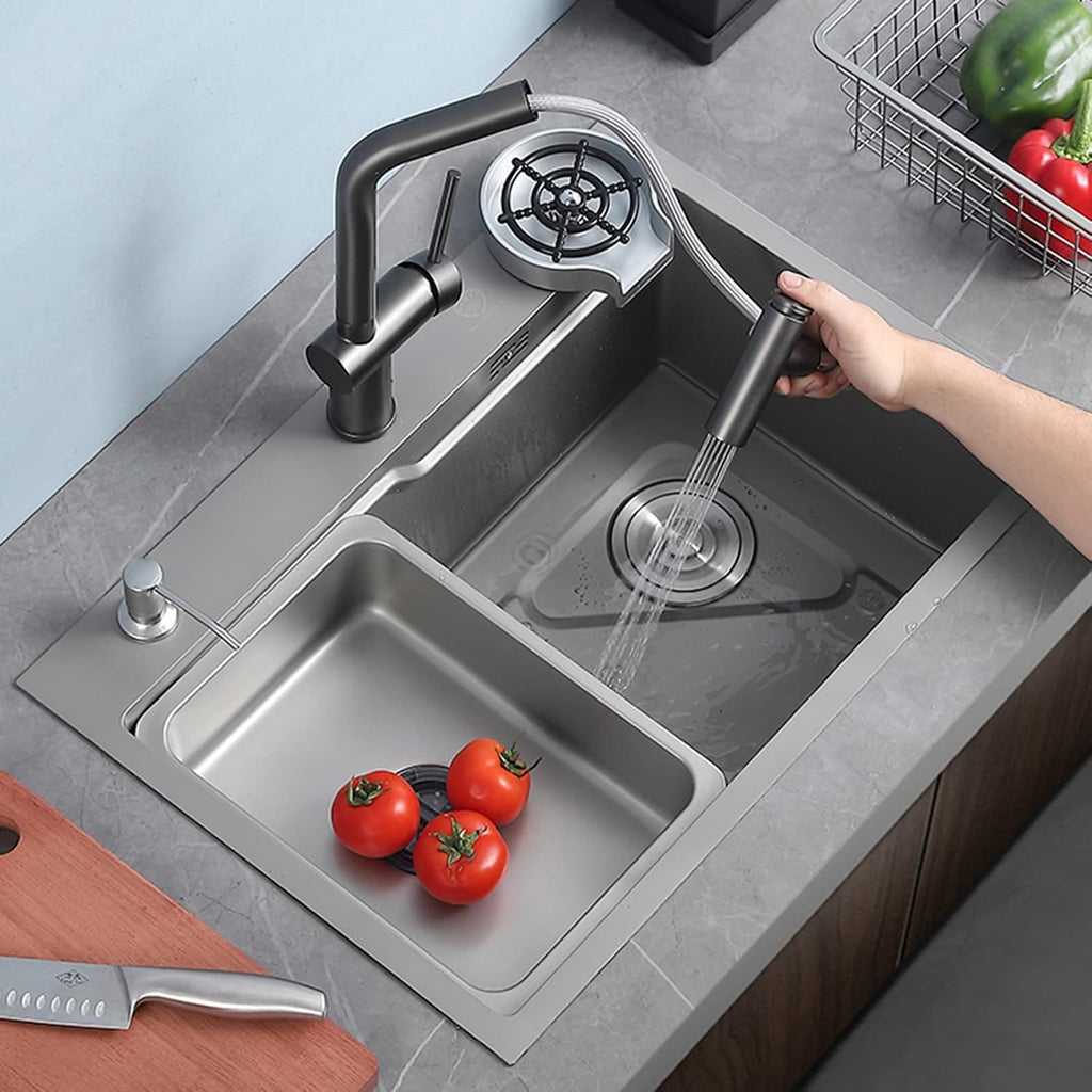 304 Stainless Steel Single Bowl Kitchen Sink Multifunctional Bar Sink RV Sink with Faucet and Cup Washer Top Mount Or Undermount (Color : Gun Gray, Size : 60x45x21cm)