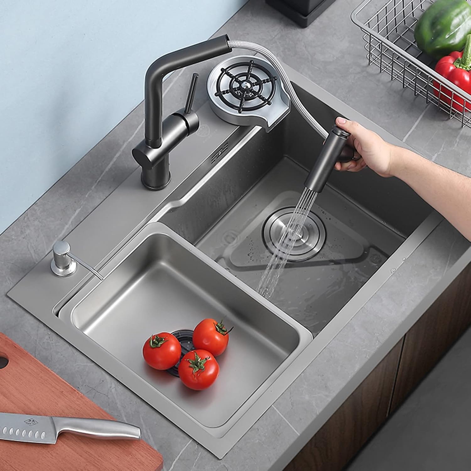 304 Stainless Steel Single Bowl Kitchen Sink Multifunctional Bar Sink RV Sink with Faucet and Cup Washer Top Mount Or Undermount (Color : Gun Gray, Size : 60x45x21cm)