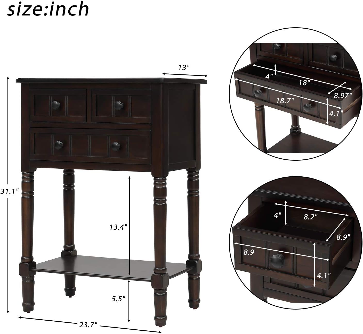 Knocbel Slim Antique Entry Console Table with Drawers & Bottom Open Shelf, Solid Wood Sofa Couch Table for Entryway Hallway Living Room (Espresso)