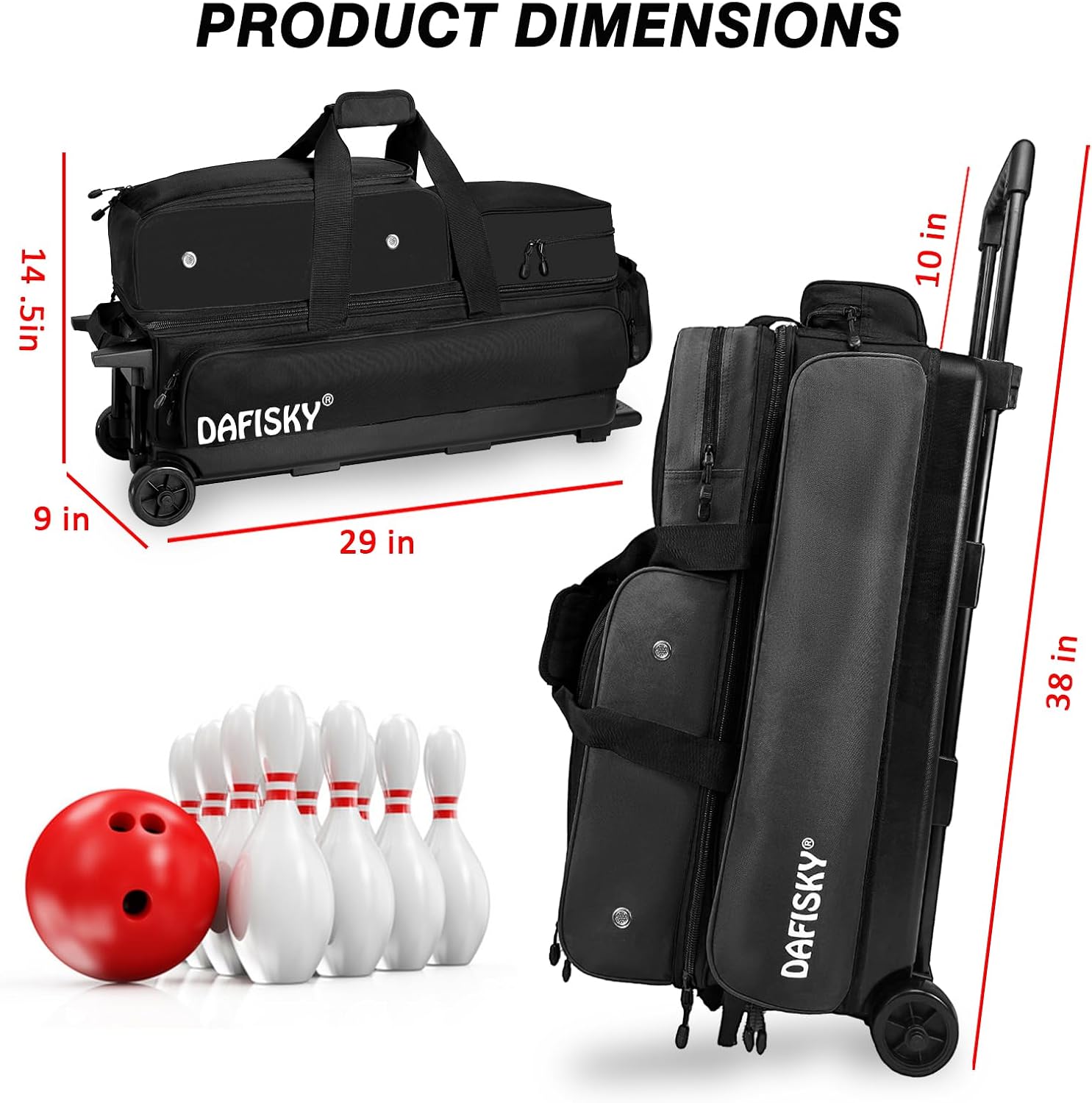 DAFISKY 3 Ball Bowling Bags with Wheels, Roller Bowling Bag with Multiple Pockets Retractable Handle Extends to 38''