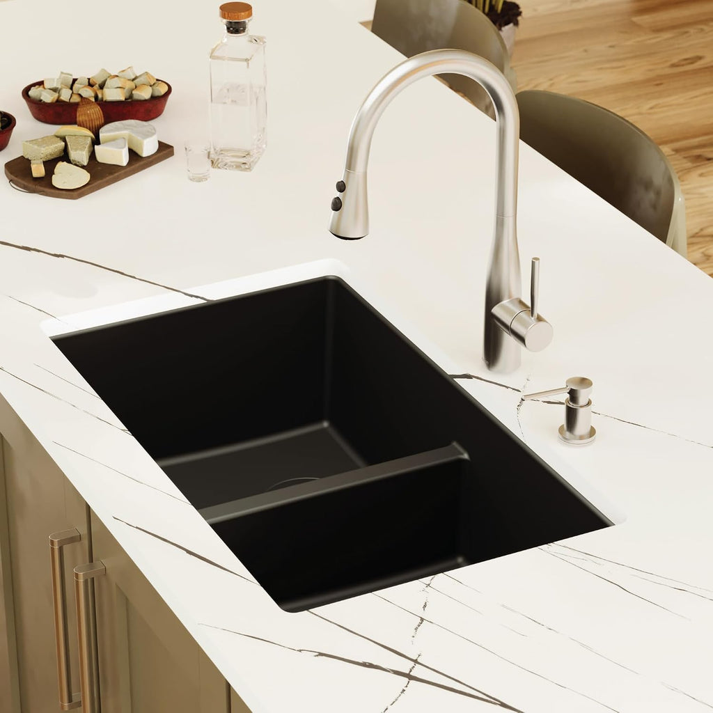 Karran 32' Black Quartz Composite Undermount Double Bowl Kitchen Sink with Low Divider – 50/50 Equal Bowl, 80% Natural Quartz, 535°F Heat Resistant, Sound Dampening, QU-810