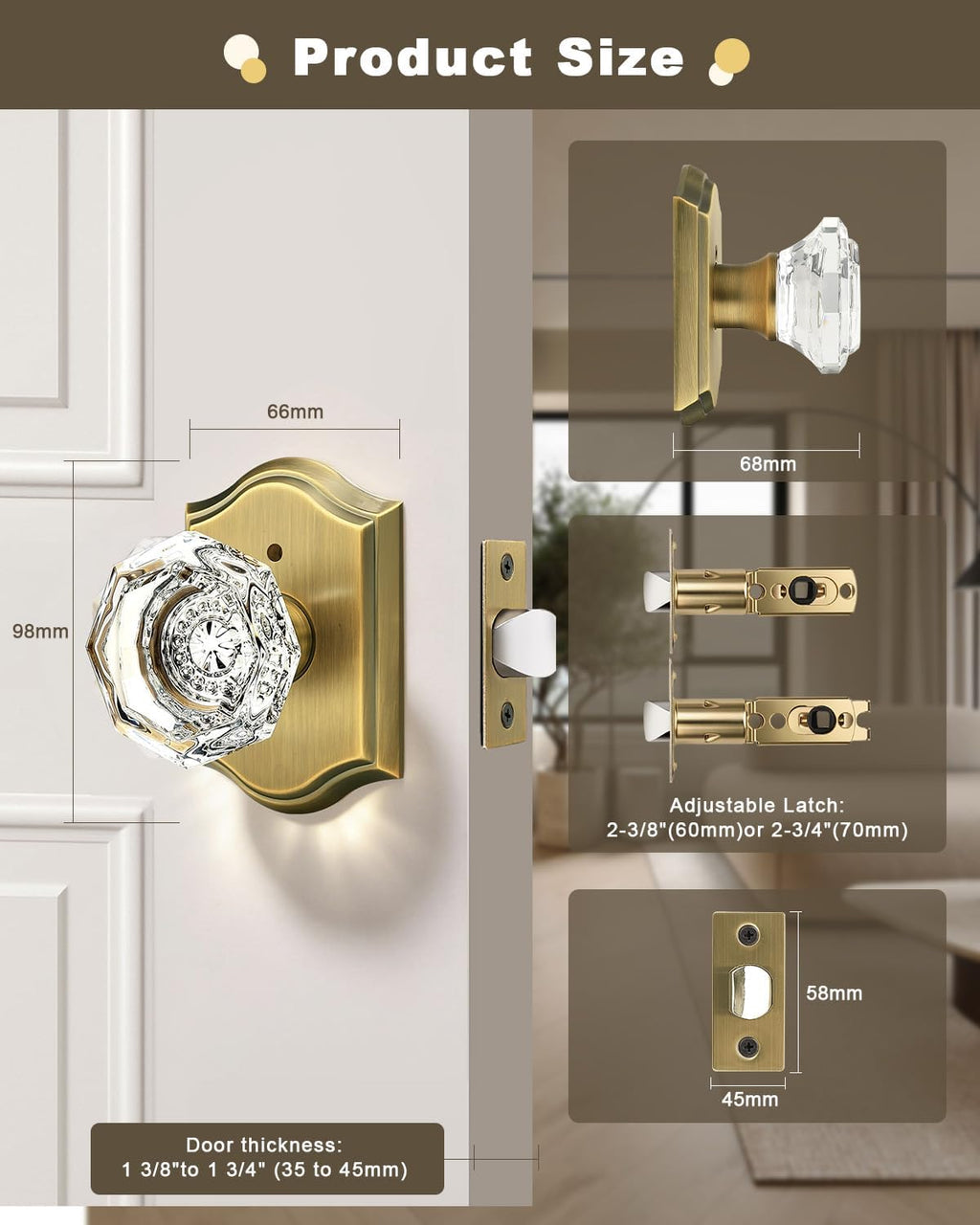 Gobrico Privacy Door Locks Crystal Knobs with Arched Antique Brass Finish,Interior Doorknobs with Lock for Bathroom Bedroom,Heavy Duty Door Handles,6 Pack