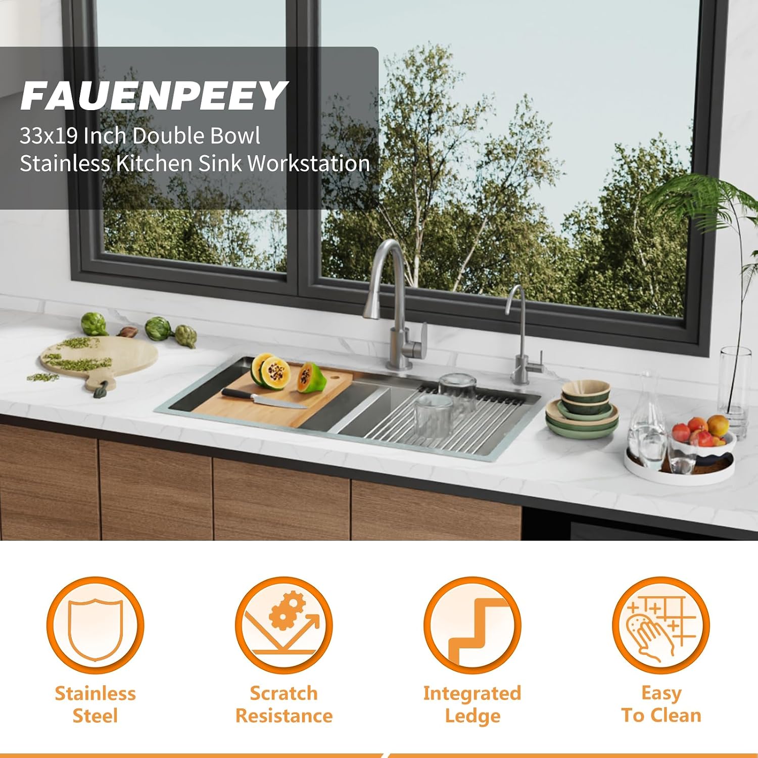 33'x19' Kitchen Sink Workstation - 50/50 Double Bowl Stainless Steel Undermount Kitchen Sink Built-in Ledge Drop In Workstation Sink For Placing/Sliding Accessories-Cutting Board,Drying Rack
