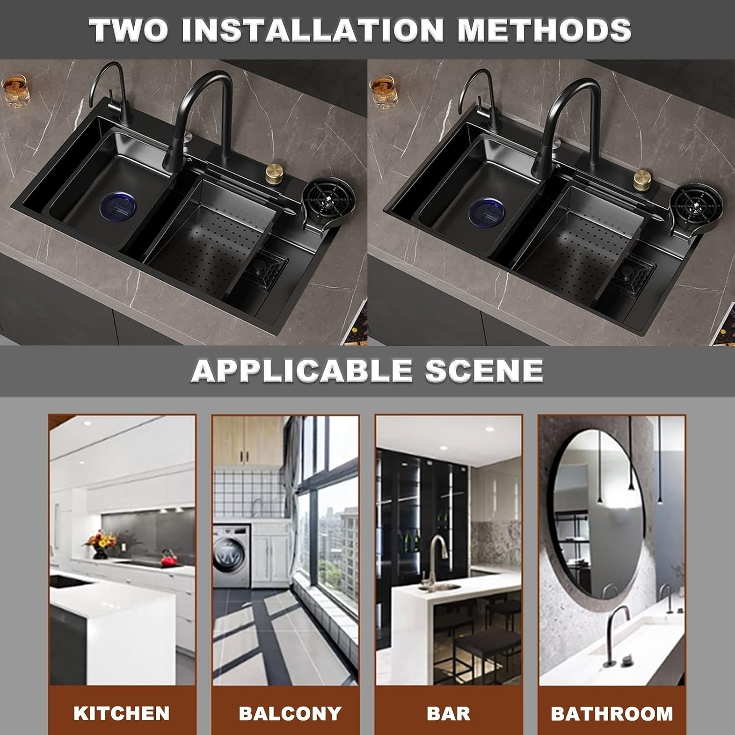Black Nano Single Bowl Kitchen Sink 304 Stainless Steel Waterfall Bar Sink Multi-Function Rv Sink with Pull-Out Faucet and Cup Washer Drop in Or Under Mount(Black-60x45x21cm