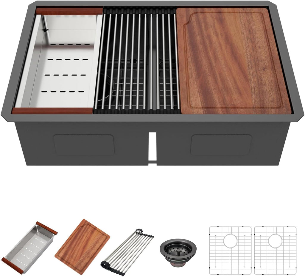 30 Black Undermount Kitchen Sink - 30x19 Gunmetal Black Double Bowl Kitchen Sinks Workstation 16 Gauge Stainless Steel Sink Low Divide Double Basin 50/50