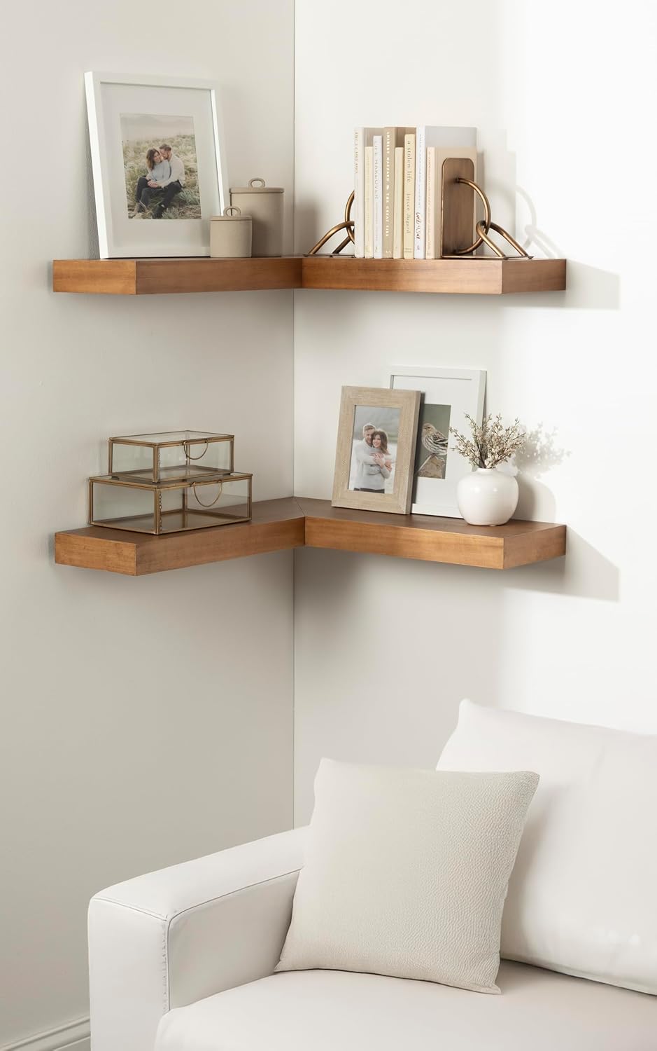 Kate and Laurel Havlock Modern Wood Two-Piece Floating Corner Shelf Set, 26 x 8 x 3, Rustic Brown, Wooden Corner Shelving with Unique Geometric Shape for Living Room Decor or Entryway Storage