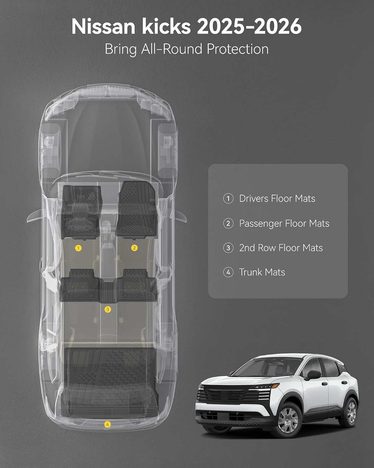 3W Floor Mats & Cargo Liner Fit for Nissan Kicks 2025 2026 (Not Fit Play Version) Accessories TPE All Weather Floor Liner, 1st & 2nd Row Car Mats Tunk Mats Full (Not for Play Version)