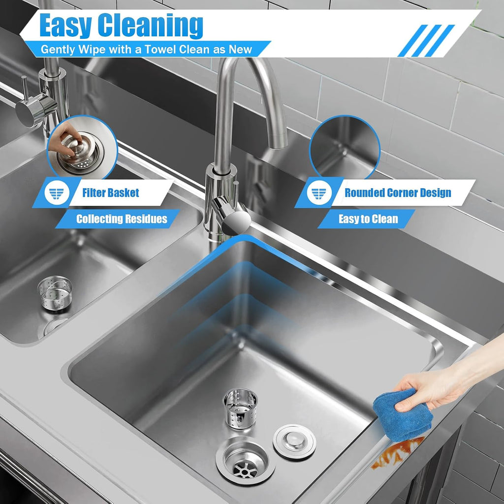 Commercial Sink Stainless Steel 3 Compartment, Heavy Duty Triple Bowl Deep Basin Splash-Proof for Kitchen Restaurant Catering Food Prep