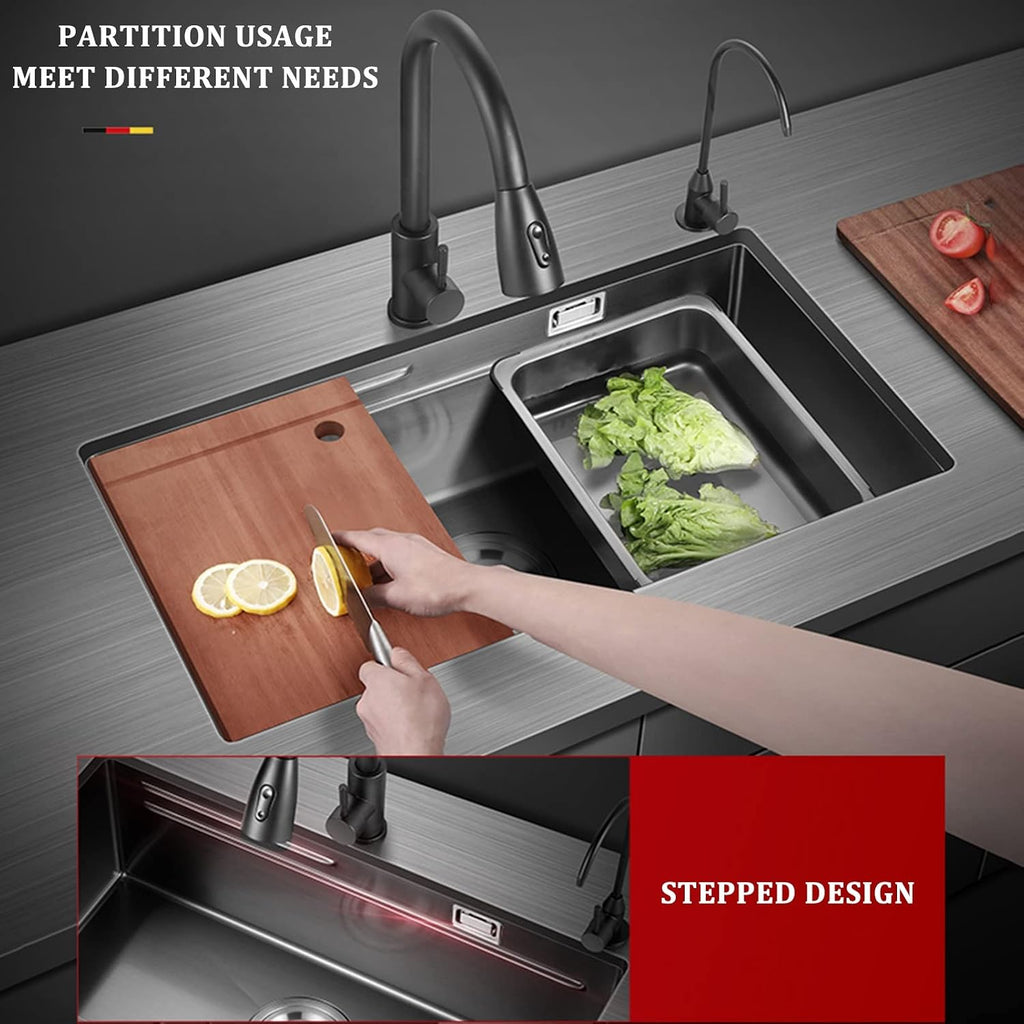 304 Stainless Steel Ladder Type Kitchen Sink Under Mount Single Bowl Bar Sink Multi-functional RV Sink with Pull-Out Faucet and Drainage Components (Color : Black-b, Size : 75x41x21cm) (Blacka 75x