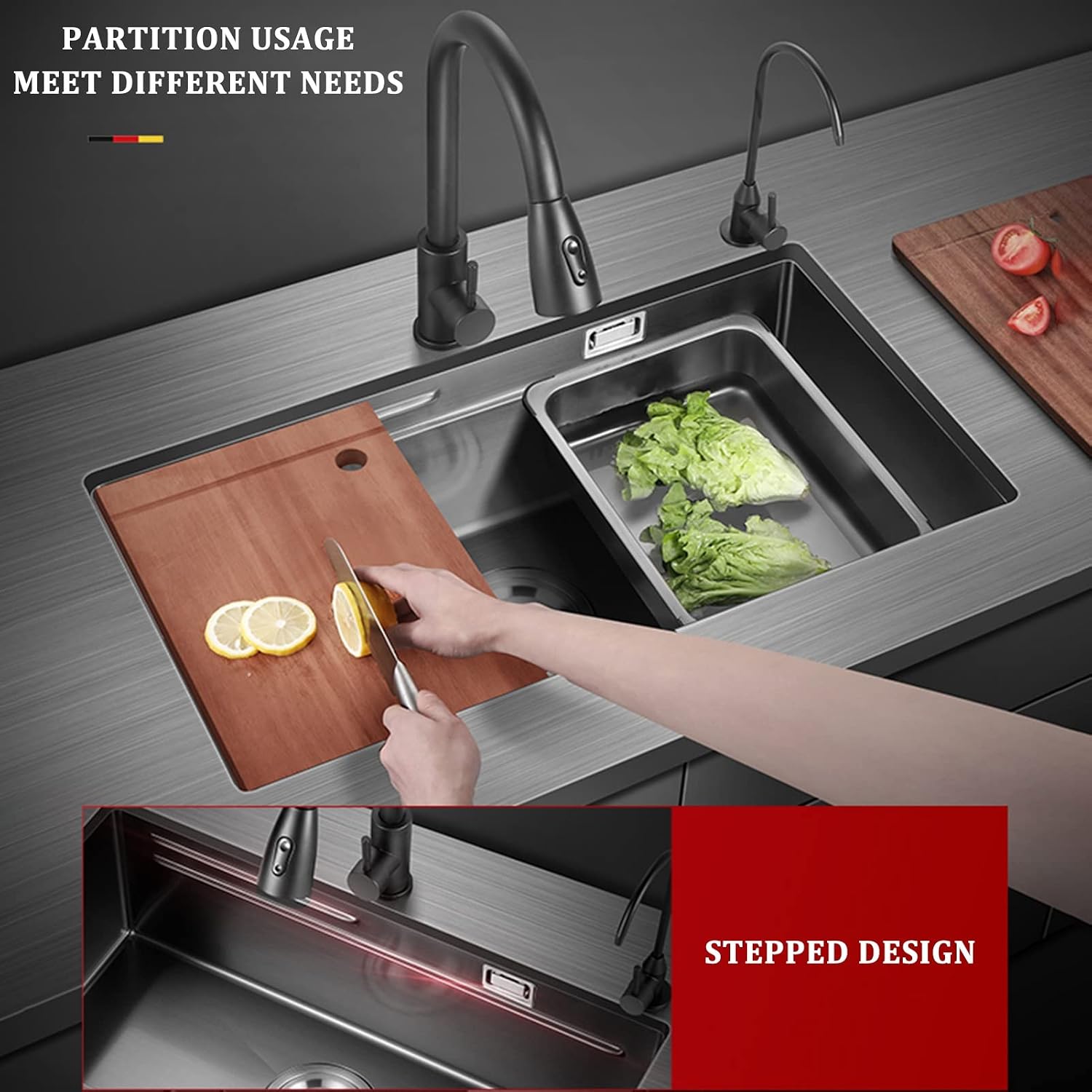 304 Stainless Steel Ladder Type Kitchen Sink Under Mount Single Bowl Bar Sink Multi-functional RV Sink with Pull-Out Faucet and Drainage Components (Color : Black-b, Size : 75x41x21cm) (Blacka 75x