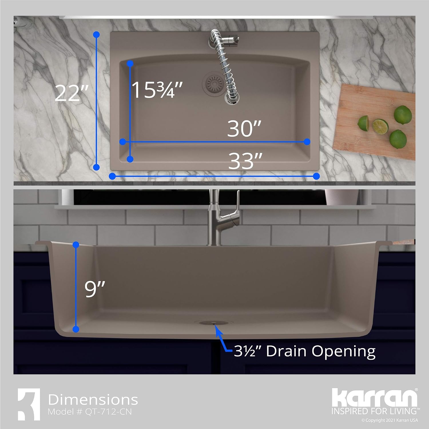 Karran QT-712 Drop-In Quartz Composite 33 in. 1-Hole Single Bowl Kitchen Sink in Concrete
