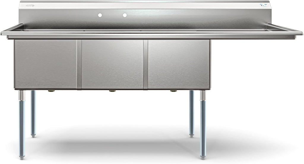 KoolMore 81 in. Three Compartment 18-Gauge Stainless-Steel NSF Commercial Kitchen Sink, Bowl Size 18x24x14, with Three Basins and Pre-Drilled Faucet Holes with Right Drainboard (KM-SC182414-24R3)