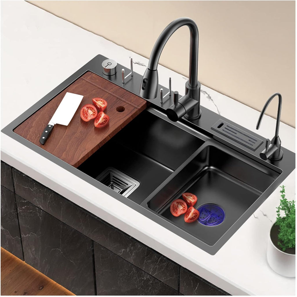 Stepped Kitchen Sink 304 Stainless Steel Single Bowl Bar Prep Sink Multi-functional RV Sink with Faucet and Cup Washer Top Mount Or Undermount (Color : Black, Size : 80x47x20cm) (Black 78x46x20cm)