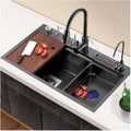 Stepped Kitchen Sink 304 Stainless Steel Single Bowl Bar Prep Sink Multi-functional RV Sink with Faucet and Cup Washer Top Mount Or Undermount (Color : Black, Size : 80x47x20cm) (Black 78x46x20cm)