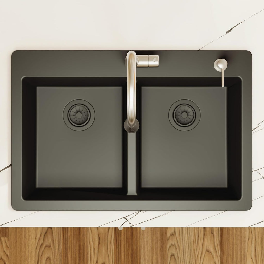 Karran 33' Black Quartz Composite Double Bowl Kitchen Sink – Top Mount Drop-In 50/50 Low Divider, 80% Natural Quartz, 535°F Heat Resistant, Sound Dampening, Granite Composite, QT-810
