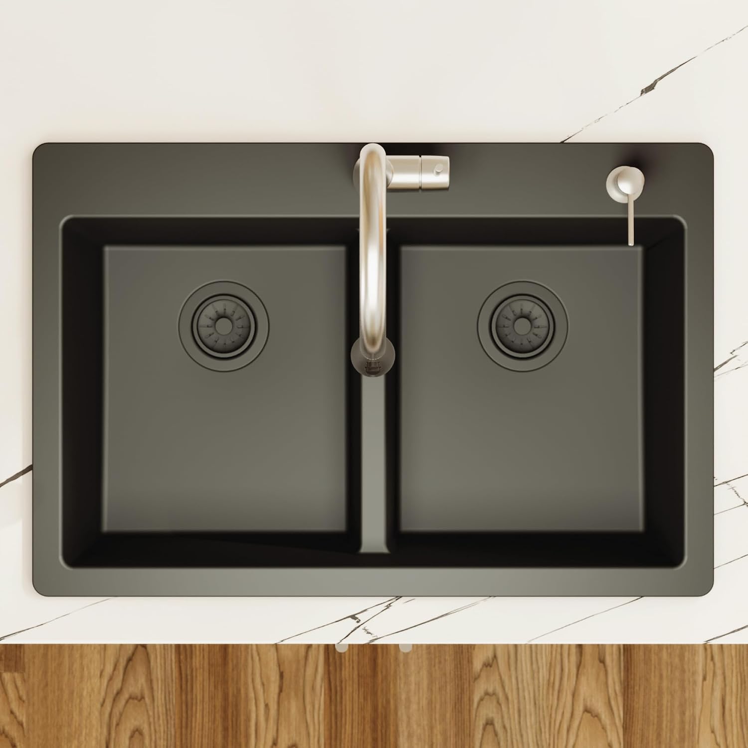 Karran 33' Black Quartz Composite Double Bowl Kitchen Sink – Top Mount Drop-In 50/50 Low Divider, 80% Natural Quartz, 535°F Heat Resistant, Sound Dampening, Granite Composite, QT-810