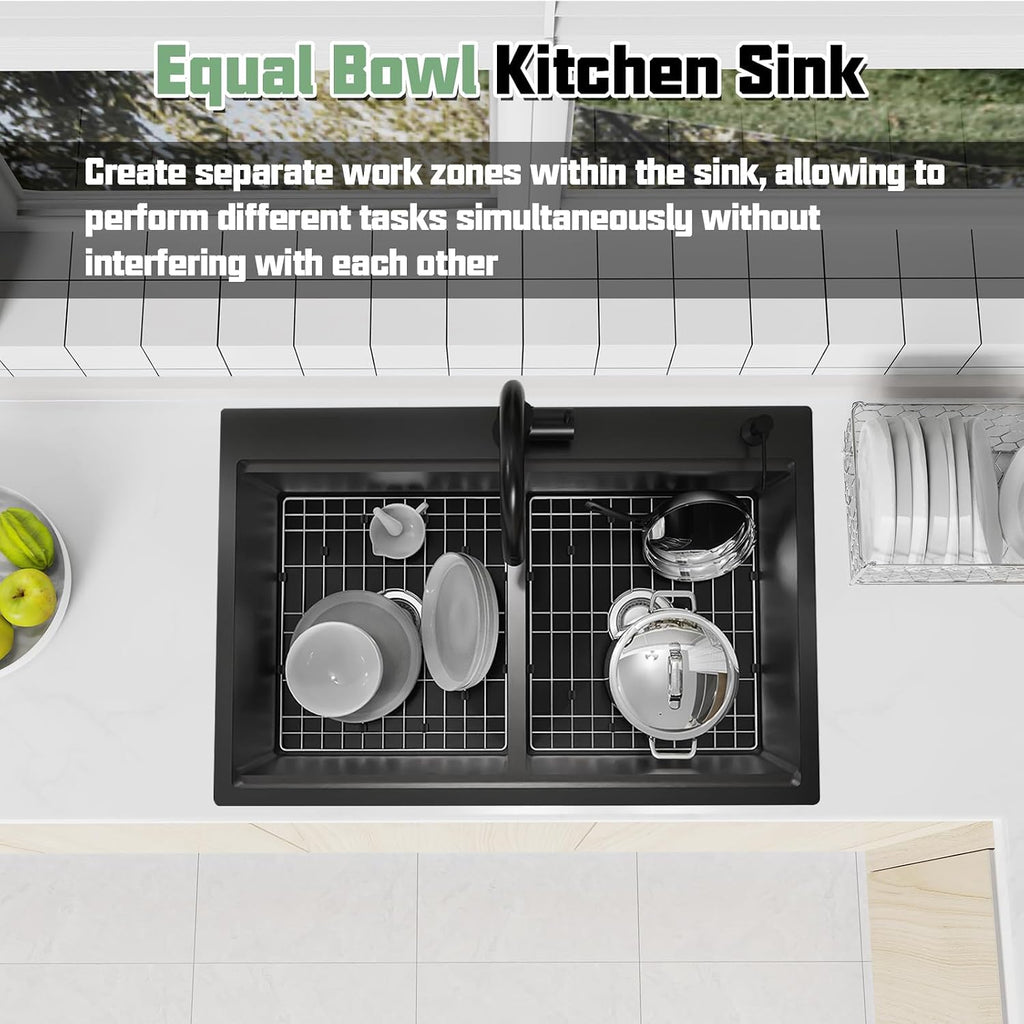 Black 50/50 Double Bowl Kitchen Workstation Sink, 33'x22' Stainless Steel Drop In Kitchen Sink Easy To Multitasking With Cutting Board,Drying Rack,Silicon Mat,Sink Grid And Drain Assembly
