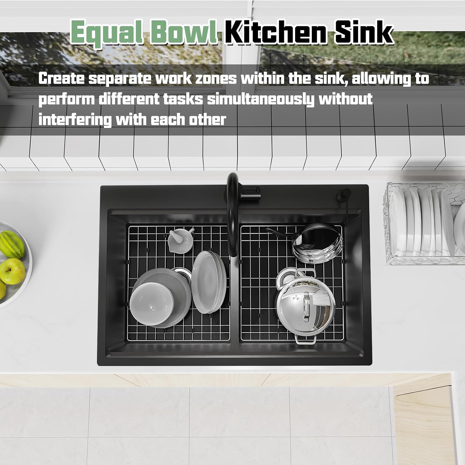Black 50/50 Double Bowl Kitchen Workstation Sink, 33'x22' Stainless Steel Drop In Kitchen Sink Easy To Multitasking With Cutting Board,Drying Rack,Silicon Mat,Sink Grid And Drain Assembly