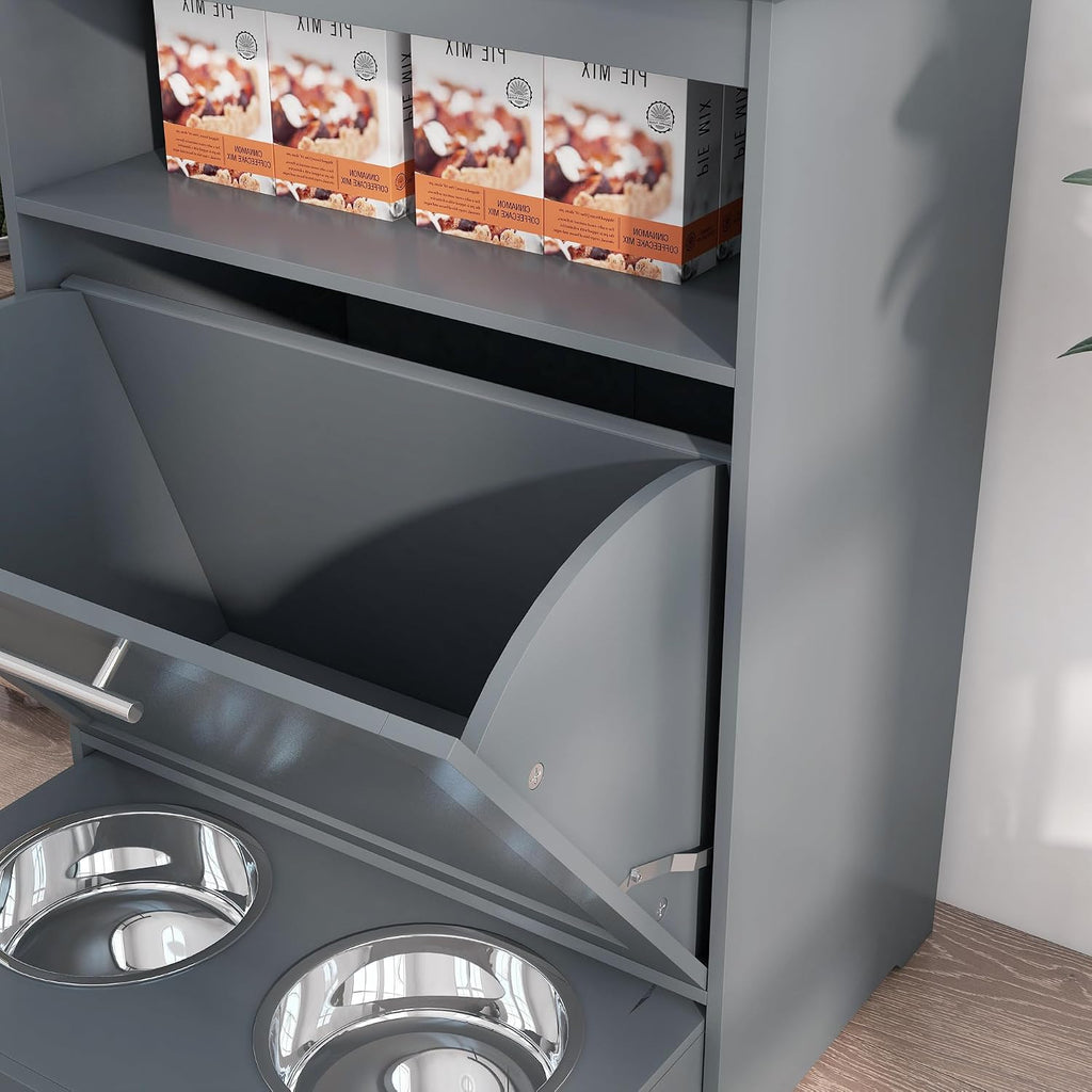 PawHut Dog Feeding Station with Raised Bowls, Dog Food Storage Cabinet with Hanger for Feeding & Watering Supplies, Pet Feeder Station, Gray