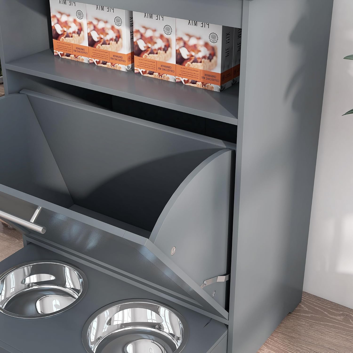 PawHut Dog Feeding Station with Raised Bowls, Dog Food Storage Cabinet with Hanger for Feeding & Watering Supplies, Pet Feeder Station, Gray